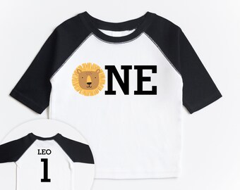 Boys Lion First Birthday Shirt - One Birthday Safari Theme Raglan Baseball Shirt - Custom Name Personalized 1 Baby Boys - Jungle Birthday