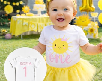 Girls Sun Birthday Onesies® Bodysuit - Pink Bow You Are My Sunshine Theme First Birthday Outfit - Infant Baby Cake Smash  08