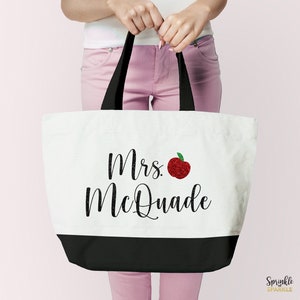 Cartable personnalisé pour professeur - Cadeau pour professeur - Nom personnalisé et pomme à paillettes - Sac fourre-tout en toile - Cadeaux pour les professeurs - Meilleur professeur de tous les temps - 01