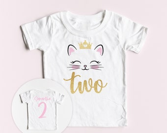 Chemise deuxième anniversaire de chat - Chemise d'anniversaire de deuxième chat - Tenue de fête de princesse Couronne Kitty Cat - Fête à thème Deux filles mignonnes Kitty Cat - Paillettes