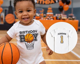Basketball First Birthday Boy ONESIES® Bodysuit with Personalized Custom Name on Back - Orange Black 1st Bday Party - Baller Kids Youth Tee