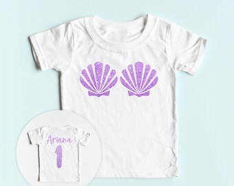 Mermaid First Birthday Shirt with a Sea Shell Bra on the Front.  Baby Mermaid Halloween Costume - Under the Sea Mermaid Theme