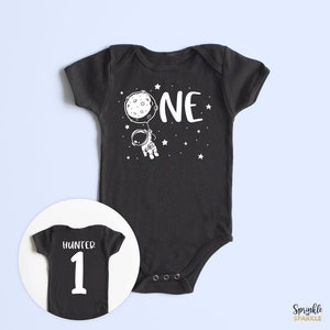 First Birthday One Space Theme Black ONESIES® -  Custom Name Back - Astronaut Moon Balloon Space Outfit - Infant Baby Bodysuit - Space Party