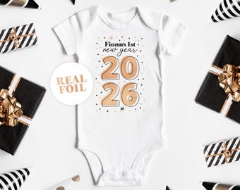 Baby's First New Years ONESIES® Bodysuit with Custom Name - 2026 Happy New Years Outfit Baby Boy Girl 1st New Years - Black White Rose Gold