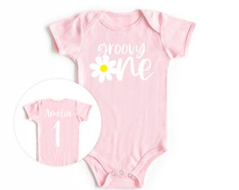 Groovy One Daisy, Retro Birthday Shirt ,Daisy Themed Birthday - First Birthday Outfit ONESIES® - Bodysuit Pink, Yellow and White daisy 01