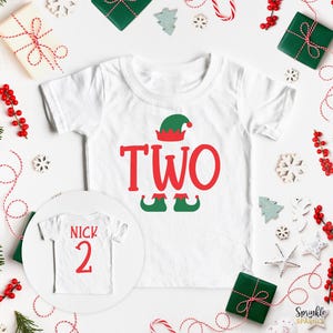 Elf Second Birthday Shirt - Christmas Second Birthday Elf Shirt - Boys Girls Cute 2nd Xmas Theme Outfit - Custom Name Number on Back