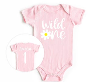 Wild One Daisy, Retro Birthday Shirt ,Daisy Themed Birthday - First Birthday Outfit ONESIES® - Bodysuit Pink, Yellow and White daisy 01