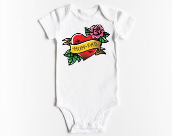 Mom and Dad Tattoo Heart First Valentine's Day ONESIES® Inked Infant Baby Bodysuit Vday Fathers Mothers Day Outfit Love Biker Punk Rock