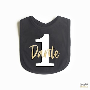 One Custom Personalized Name Birthday Bib  - 1st One Birthday Outfit - Infant Baby Bib Cake Smash Bib Birthday Bib Black Gold Theme Party