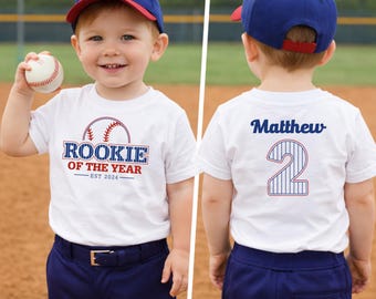 Rookie of the Year Shirt - Second Birthday Baseball Shirt - Personalized Custom Name - Red Blue 2nd Bday Party - Baby Toddler Kids