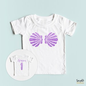 Mermaid First Birthday Shirt with a Sea Shell Bra on the front.  Mermaid Theme Birthday Mermaid Bday Shirt. Glitter Under the Sea Bday Party