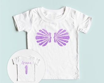 Mermaid First Birthday Shirt with a Sea Shell Bra on the front.  Mermaid Theme Birthday Mermaid Bday Shirt. Glitter Under the Sea Bday Party