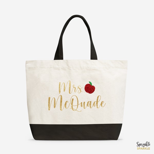 Teacher canvas tote bag, Personalized with apple teacher bag, Gifts for teachers, Best teacher, Personalized teacher gift, Custom Tote 01