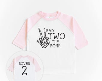 Bad TWO The Bone Second Birthday Shirt - Skeleton Hand Girls Halloween Two Shirt - Pink Black White 2nd Halloween Party Theme