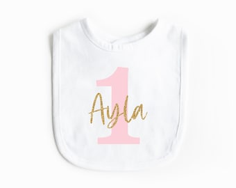 One Custom Personalized Glitter Name Birthday Bib 1st One Birthday Outfit - Infant Baby Bib Cake Smash Bib Birthday Bib Pink and Gold theme