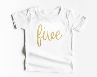 Fifth Birthday Five Shirt - Girls Five Birthday Shirt - 5th Birthday Outfit - Script Five Girls Fifth Birthday Sparkle Glitter Shirt