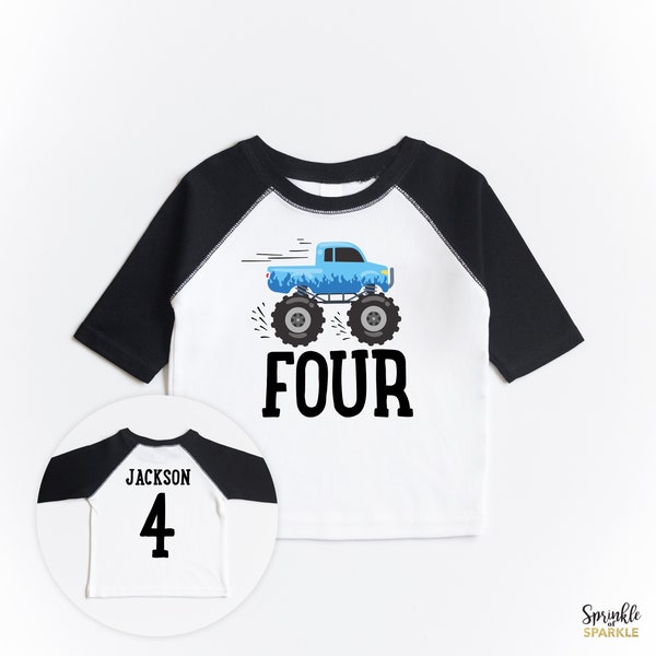 Fourth Birthday Monster Truck Shirt - Four Birthday - Blue Monster Truck Theme Raglan Baseball Shirt, Custom Name Personalized 4 Boys Girls