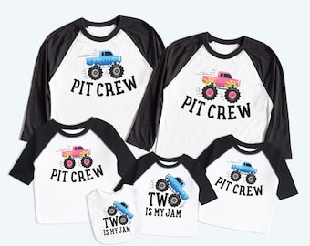 Monster Truck Second Birthday Shirt - Two Birthday Family Matching Shirts -  Style - Baby Boys Girls Raglan - Monster Truck Theme