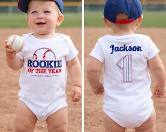 Rookie of the Year First Birthday Baseball ONESIES® Bodysuit - Personalized Custom Name - Red Blue 1st Bday Party - Baby Toddler