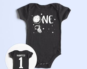 First Birthday One Space Theme Black ONESIES® -  Custom Name Back - Astronaut Moon Balloon Space Outfit - Infant Baby Bodysuit - Space Party