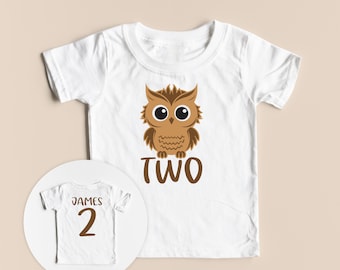 Owl Birthday Shirt - Owl Second Birthday Shirt - Two Owl Shirt - Owl Theme Bday  - Boys Girls Owl Shirt, Cute Brown Owl, Custom Name on back