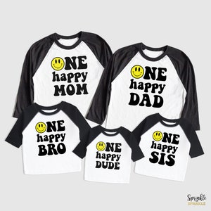 Smiley Face First Birthday Family Set - One Happy Dude Matching Set - One Birthday Retro Theme Baseball Shirt - Retro Emoji birthday