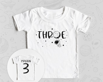 Outer Space Third Birthday Shirt - Astronaut 3 Three White Shirt Birthday Boys Girls Theme Stars Outfit - Custom Name and Number on the back