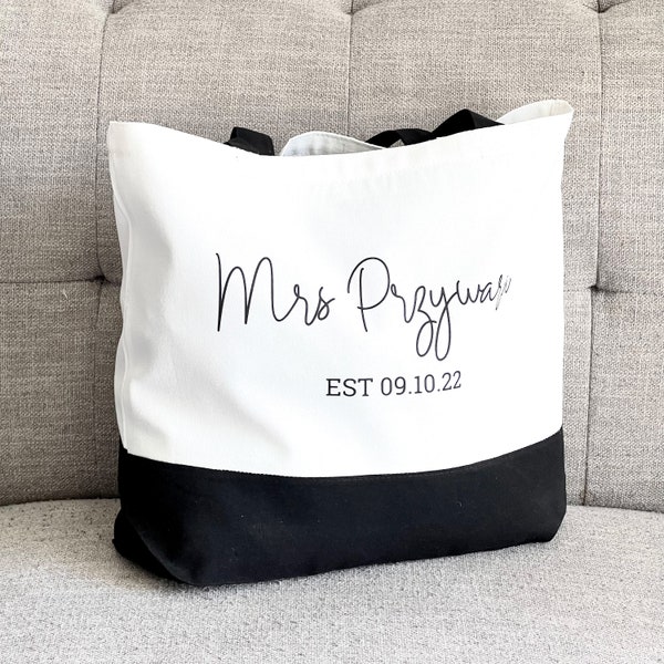 Mrs Custom Bride Canvas Tote Bags, Personalized Bride Bag, Gift For Bride, Bridal Gift, Honeymoon Gift, Bridal Shower Gift,  01