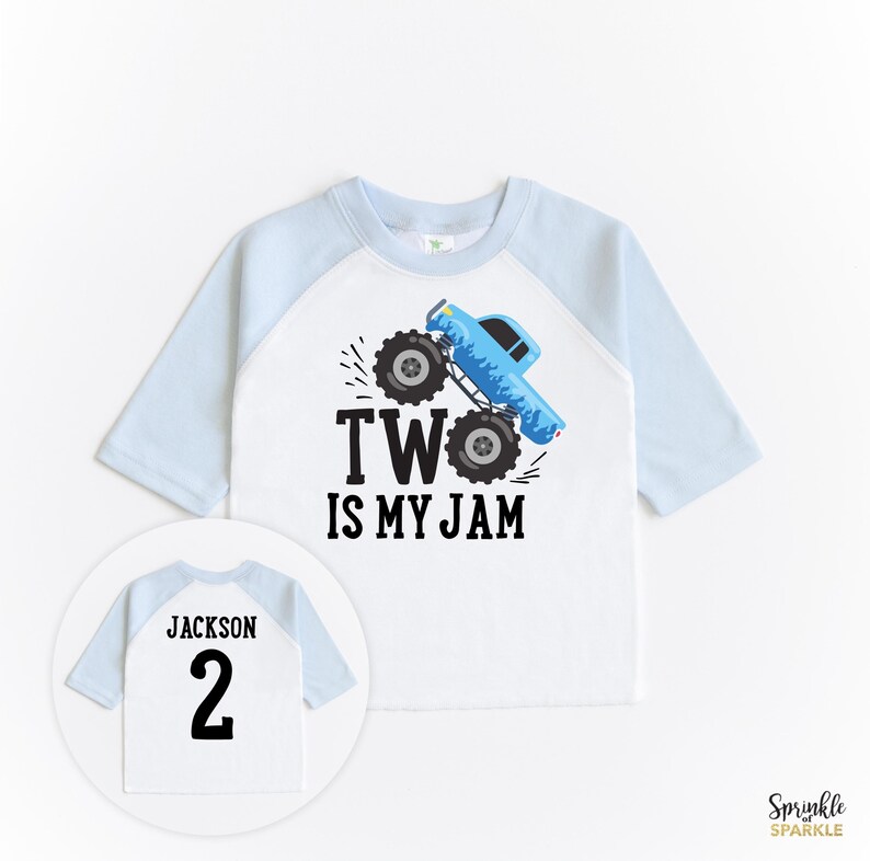 Your little one is sure to love this Monster Truck themed birthday shirt on their Second birthday. It has a monster truck on the front as well as the number 2 and their name customizable on the back of the shirt. Two is my Jam on the front