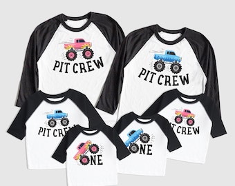 One Monster Truck Birthday Shirt - First Birthday Family Matching Shirts  Style Shirt - Baby Boys Girls Raglan - Monster Truck Theme