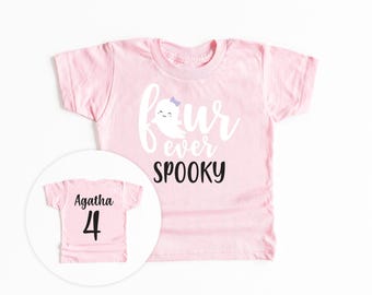 Four Ever Spooky Halloween Birthday Shirt, Pink Spooky Fourth Birthday, Cute Ghost Bow, Girls Halloween Bday Outfit, Custom Name & 4 on back