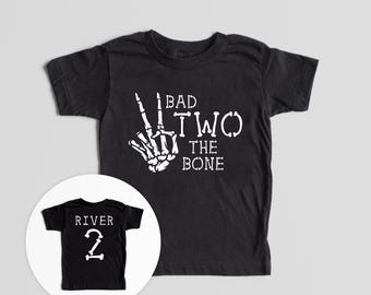 Bad TWO The Bone Second Birthday Shirt - Skeleton Hand Halloween Two Shirt - Black White 2nd Boys Girls Halloween Party Theme - Custom Name