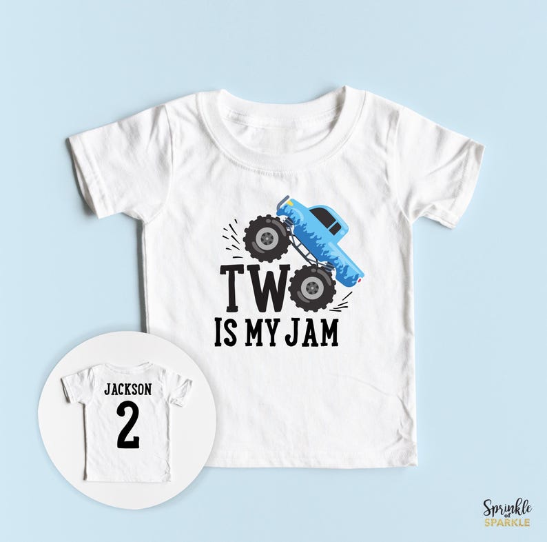 Your little one is sure to love this Monster Truck themed birthday shirt on their second birthday. It has a monster truck about to do a cool flip as well as the number 2 and their name customizable on the back of the shirt. Two is my Jam on the front