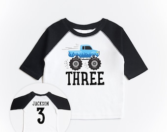 Third Birthday Monster Truck Shirt - Three Birthday - Blue Monster Truck Theme Raglan  Shirt, Custom Name Personalized 3 Boys Girls