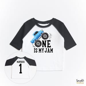 Monster Truck Birthday Shirt, First Birthday Monster Truck Theme Raglan Shirt, One Is My Jam, Custom Name Personalized 1 Baby Boys image 1