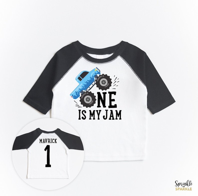 Monster Truck Birthday Shirt, First Birthday Monster Truck Theme Raglan Shirt, One Is My Jam, Custom Name Personalized 1 Baby Boys image 1