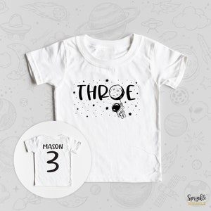 Outer Space Third Birthday Shirt - Astronaut 3 Three White Shirt Birthday Boys Girls Theme Stars Outfit - Custom Name and Number on the back