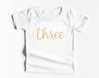 Third Birthday Three Shirt - Third Birthday Shirt - 3rd Birthday Outfit - Script Three Shirt - Girls Third Birthday Sparkle Glitter Shirt