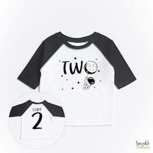 Second Birthday Two Space Theme Raglan  Shirt - Custom Name Personalized 2 Unisex - Astronaut Moon Balloon Bday Outer Space Stars