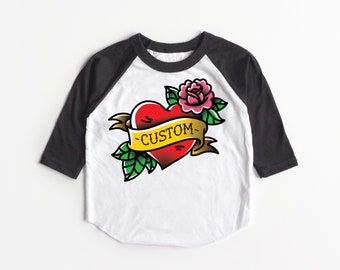 Custom Kids Tattoo Shirt Raglan Personalized - Valentine's Day Shirt Vday Kids Tee T-Shirt Customizable Tattoo Lover Kid's Punk Biker Heart