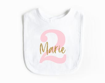 Two Custom Personalized Name Birthday Bib  - 2nd Two Second Birthday Outfit - Infant Baby Bib Cake Smash Bib Birthday Bib Pink Gold theme