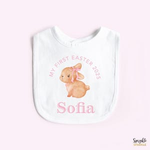 My first Easter Personalized with name Bib, Custom name, Baby's first Easter gift, Bunny with pink bow, Coquette bunny, First Easter Bib