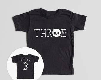 Third Birthday Halloween Shirt - Skeleton Skull Three Shirt - Black White 3rd Birthday Shirt, Boys Girls Halloween Party Theme - Custom Name