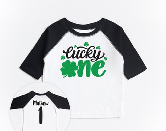 Lucky One Birthday Shirt, St Patricks Birthday, Boys First Birthday Outfit, Boys Cake Smash, Shamrock Four Leaf Clover, Custom Name on Back