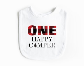One Happy Camper Buffalo Plaid Birthday Bib  - 1st One Birthday Outfit - Infant Baby Bib Cake Smash Bib Birthday Bib Camping theme