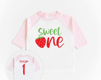 Sweet One First Birthday Strawberry Shirt - Raglan Strawberry Birthday Shirt Outfit - Strawberry Patch Birthday Party Theme -  Shirt