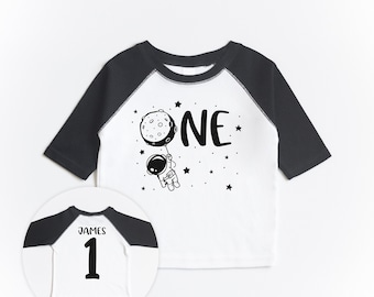 First Birthday One Space Theme Raglan  Shirt - Custom Name Personalized 1 Baby Boys - Astronaut Moon Balloon Bday Outer Space Stars