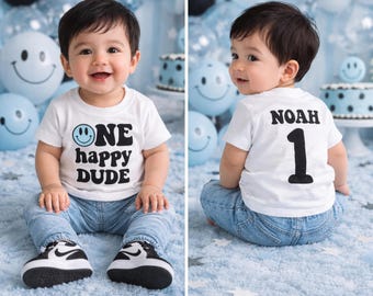 One Happy Dude Shirt -  Blue Smiley Face First Birthday - One Retro Theme  Shirt - Custom Name Skater Skateboard Retro Emoji