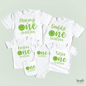 Your little one is sure to love this One Sweet Pea themed birthday shirt on their first birthday. Especially if the whole family joins in on the fun. Perfect for your little ones Sweet Pea themed 1st birthday party. T-Shirts & Onesie Bodysuit