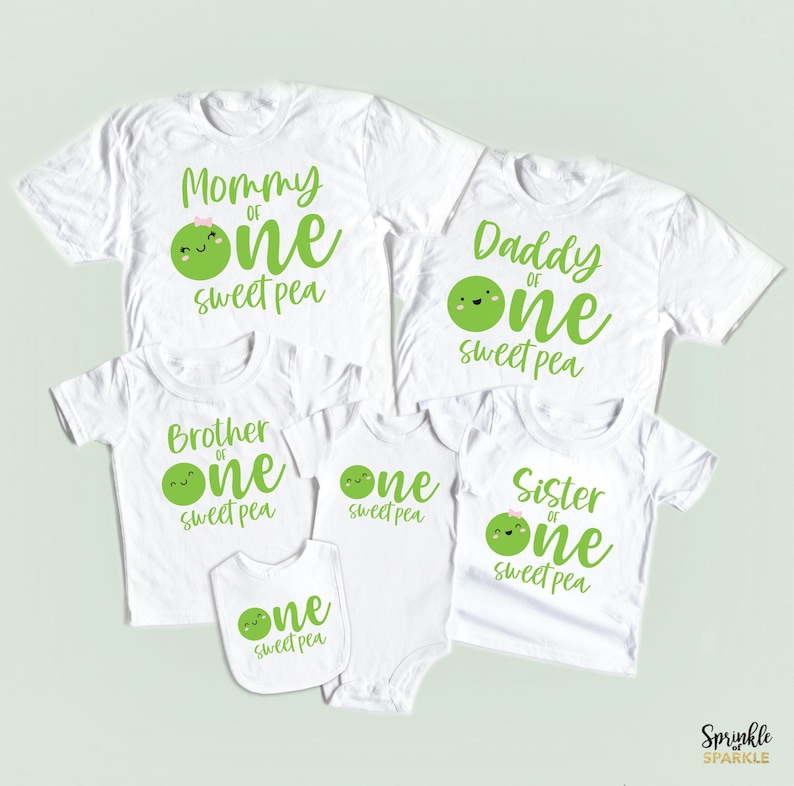Your little one is sure to love this One Sweet Pea themed birthday shirt on their first birthday. Especially if the whole family joins in on the fun. Perfect for your little ones Sweet Pea themed 1st birthday party. T-Shirts & Onesie Bodysuit